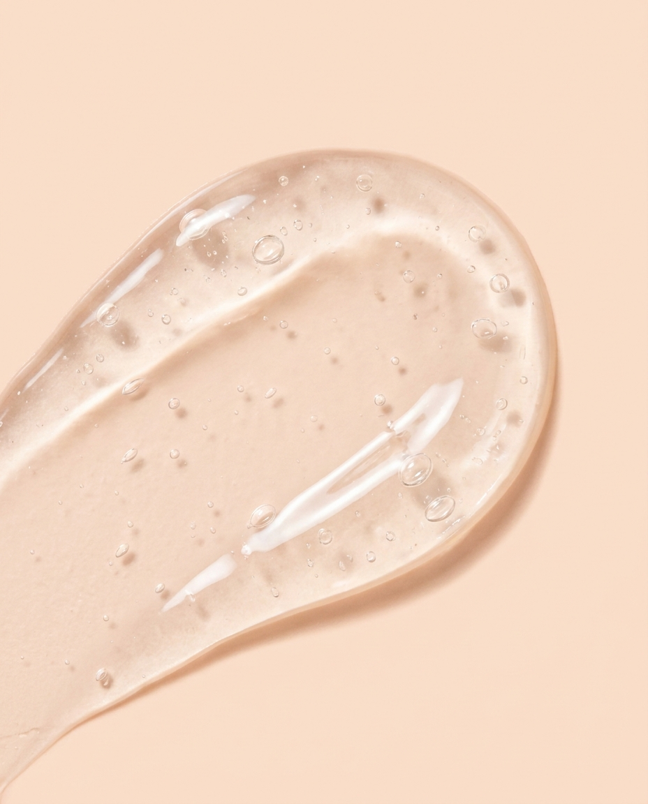 Clear gel texture with tiny bubbles on peach background