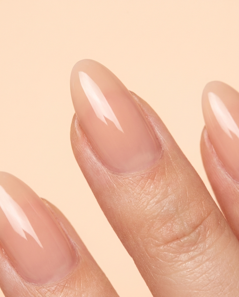 Extreme close-up of glossy milky nude gel nails