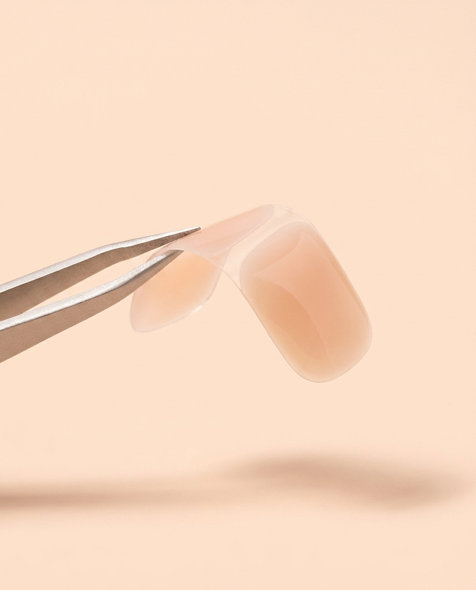 Thin flexible semi-cured gel strip held by tweezers